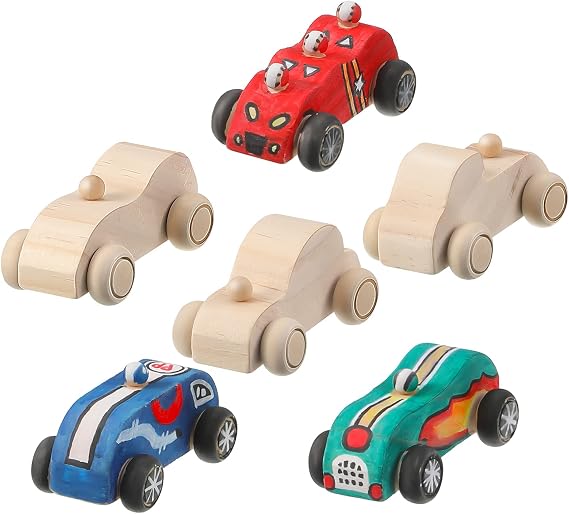 Zhanmai 6 Pcs Wooden Toy Cars to Paint Unfinished Wood DIY Race Car Toys