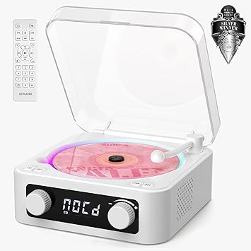 CD Player with Built-in Speakers Portable Bluetooth Input&Output Desktop CD Players for Home with Screen Display, Ambient Lighting, FM Radio, White Noise Mode, Remote Control, USB Type-c White