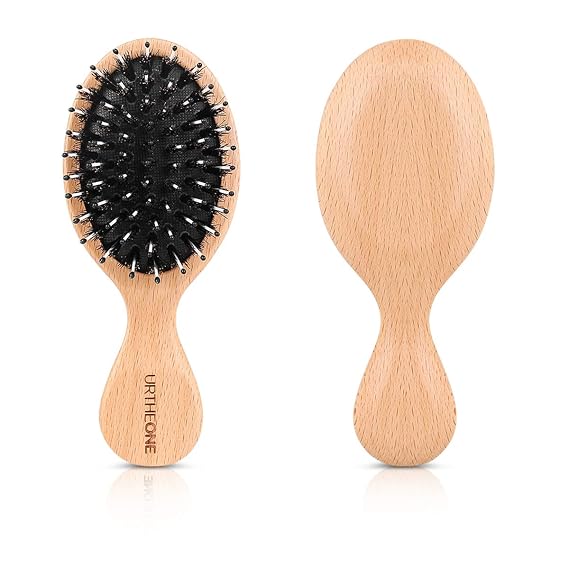 URTHEONE Mini Boar Bristle Hair Brush Small Travel Pocket brush for Women | Natural Wooden Detangling Brush Smooths Frizz Adds Shine Massage Scalp for Men & Kids Thick Curly Thin Hair Wet or Dry Use