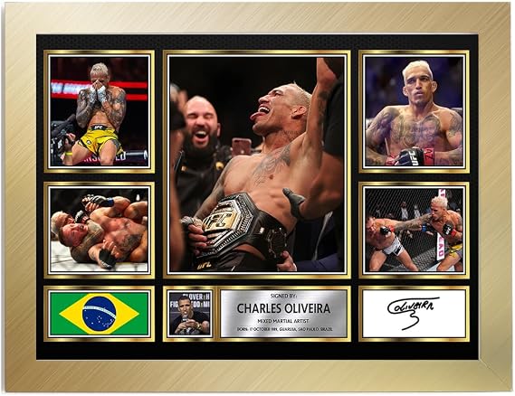 Charles Oliveira Signed Autograph Photograph Display - Perfect for MMA Fans, A4 Poster + Gold Frame - Limited Edition Autograph Fan Gift – Collectible Memorabilia Merchandise