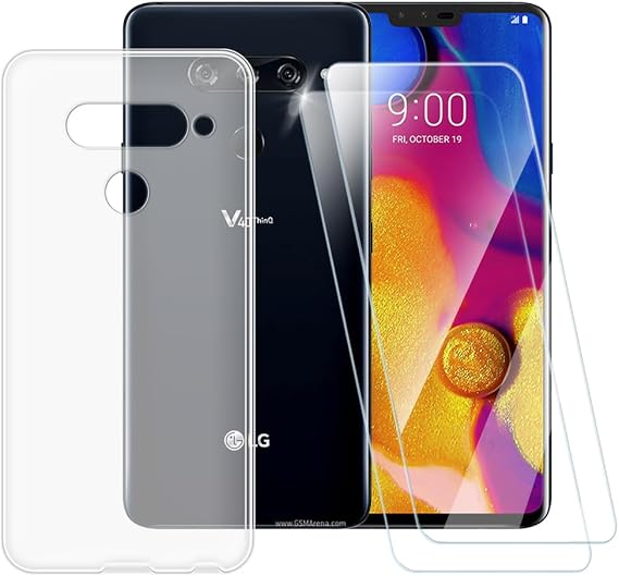 Tempered Glass and Case for LG V40 ThinQ - Clear | 6.4" Pattern Soft Cover and 2-Pack Screen Protector Film, Scratch-Resistant Ultra-Clear Shield