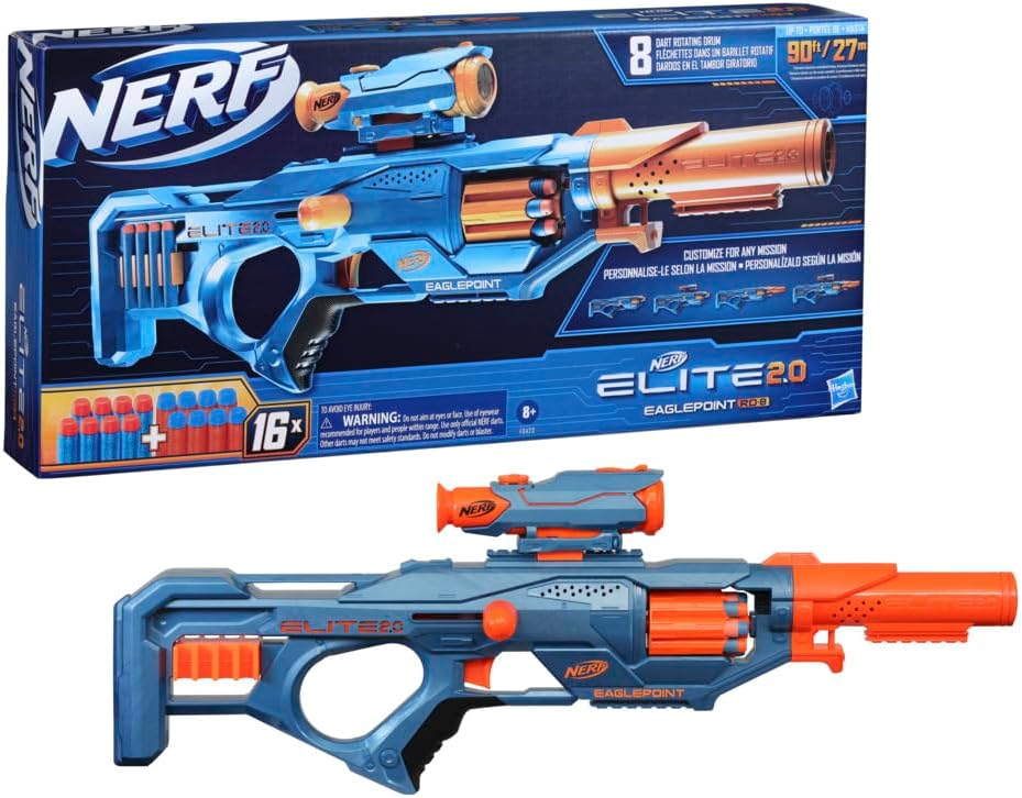 Nerf Elite 2.0 Eaglepoint RD-8 Blaster - 8 Dart Drums, Removable Binoculars and Barrel, 16 Official Nerf Elite Darts, Bolt Action