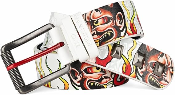 ED HARDY メンズ Devil in Flames タトゥープリント 長方形ピラミッドスタッズベルト