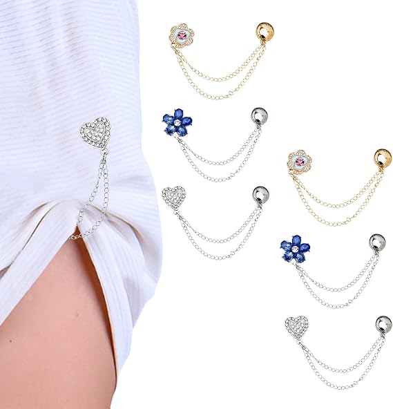 6 Pack Magnetic Clothing ClipElegant Shirt Clips for Women, Magnet Clothing Pins with Decorative Chain,Strong Hem Holder for Shortening and Decoration,T-Shirt Pants Shortening Magnetic Closure
