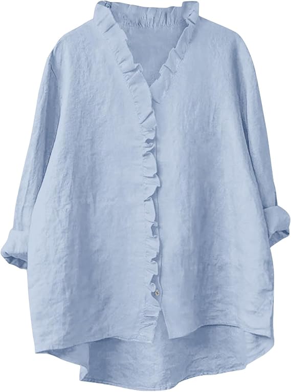 Women Button Down Linen Shirts Solid Summer Long Sleeve Casual Blouses Ruffle Hem Flowy Tops Trendy Ladies Going Out Clothes Basic Ladies Tops Loose Fit T-Shirts Daily Work Shirt