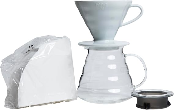 Hario V60 Coffee Pour Over Kit Bundle Set -  with Ceramic Dripper, Range Server Glass Pot, Measuring Spoon, and 100 Count Package of Hario 02W Coffee Filters