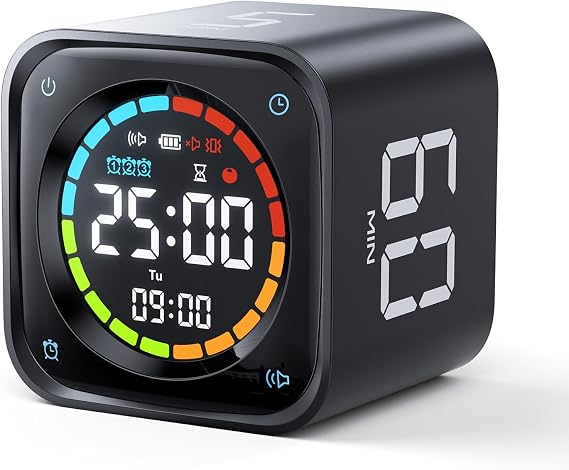 Ticktime TK3 Pomodoro Timer Cube for Focus, Study, Work, Task, ADHD,Kitchen | Real Pomodoro Timer, Quick Flip 5/10/30/60 min Countdown, Custom Timer & Stopwatch, Clear Display, 3 Reminder Options,Clock