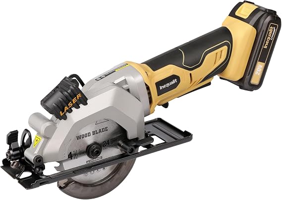 Mini Circular Saw, 3400 RPM 4-1/2 Inch Cordless Circular Saw with Laser Guide, Rip Guides, 2 Blades (24T Wood + 60T Metal), Max Cutting Depth 1-11/16" (90), 1-1/8" (45)"