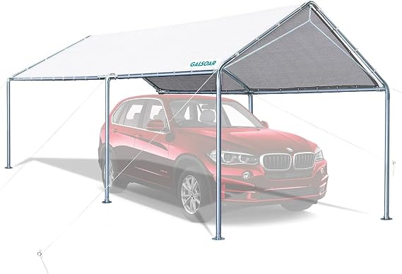 Carport, Outdoor Heavy Duty Car Ports Canopy, 20X10 ft Portable Carport Kits with 3 Reinforced Steel Cables, Tent Shleter for Car and Boat with Galvanized Steel Frame and Durable PE Cover, White