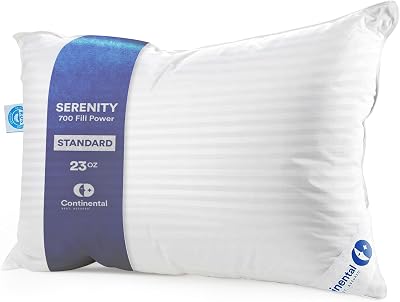 Continental Bedding Luxury Down Pillow Standard Size Pack of 1 - Cool Breathable Bed Pillows for Sleeping, Back, Side, Stomach Sleepers 700 FP, Firm