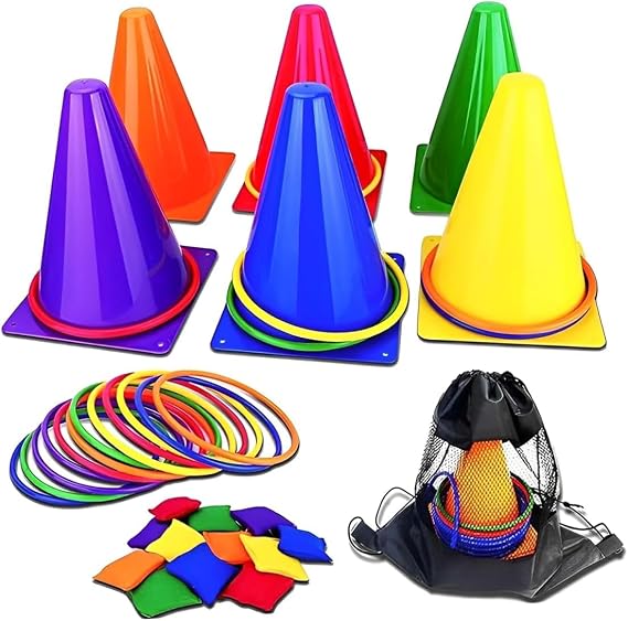 3 in 1 Outdoor Games Set - Kids Bean Bag Toss, Garden Games Set, Outdoor Toys for Toddlers Age 3-5, Includes 6 Traffic Cones, 10 Colorful Rings, 12 Bean Bags & Storage Bag