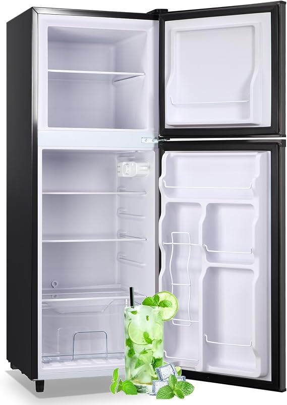 5.0 Cu.ft Mini Fridge Small Refrigerator with Drink Holder Double Door Refrigerator Adjustable Glass Shelves for Home,Apartment,Office Black