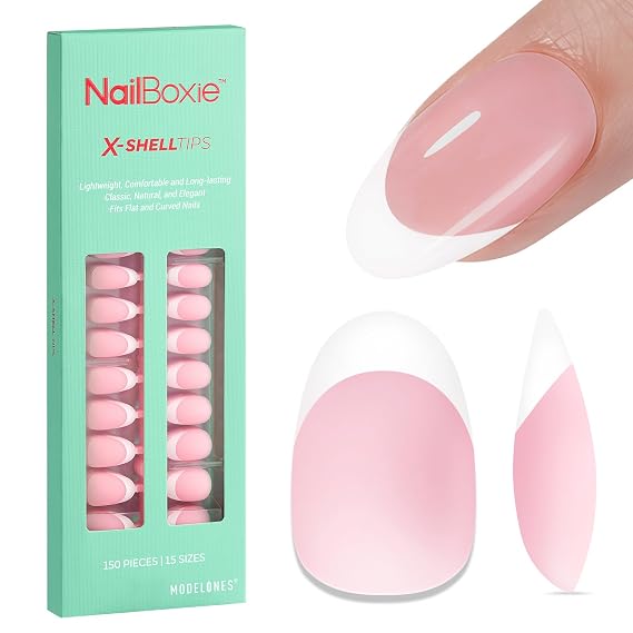 modelones French Tip Press on Nails, 150 Pcs Short Almond Shape Gel Nail Tips, NailBoxie Pink French Nail Tips, Soft Gel Fake Nails Natural Salon Finish for Nail Art DIY 15 Sizes