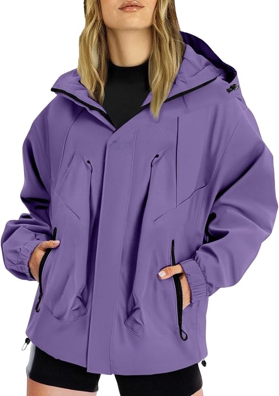 Lightweight Waterproof Jacket Womens, Casual Outdoor Raincoats with Hooded, Breathable Zip Up Softshell Jackets with Pockets, For Spring Fall Winter
