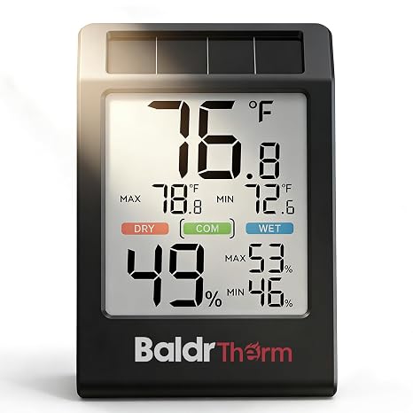 BALDR Solar Indoor Thermometer Hygrometer, Max/Min, Comfort Meter(Black) | Solar & Battery Dual Power |No Setup or App Required |Clear Comfort Level Indicator |Flexible Desk or Wall Placement