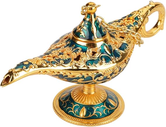 Miracle Lamp, 3D Relief Aladdin Magic Wish Lamp, Aladdin Lamp, Genie Lamp, Hollow Metal Incense Burner with Exquisite Handle, Vintage Home Decor Collectible (Gold Lace Blue, 12x4.5x6.5cm)