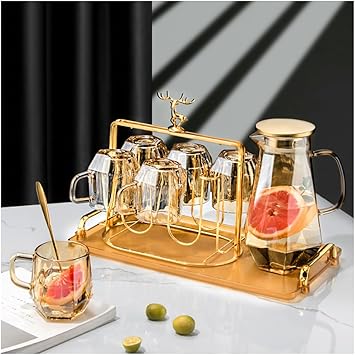 9-piece set 1.7 Liter Glass Pitcher with Lid Water Carafe Jug with Spout Handle for Hot/Cold Water Tea Beverage
