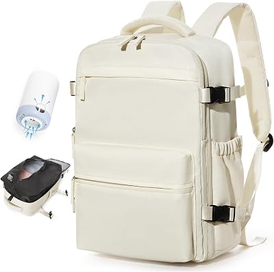 BOXSAM Vacuum Travel Backpack with Pump for Women, Personal Item Carry on Vacpack Backpacks Flight Approved 18x14x8 inches for Men,Laptop Waterproof Work Compression bags Casual Daypack,Beige