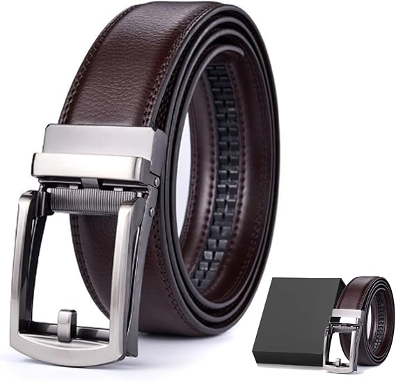 Men's Brown Ratchet Belt, 49.21 inch, Automatic Buckle, Adjustable Faux Leather