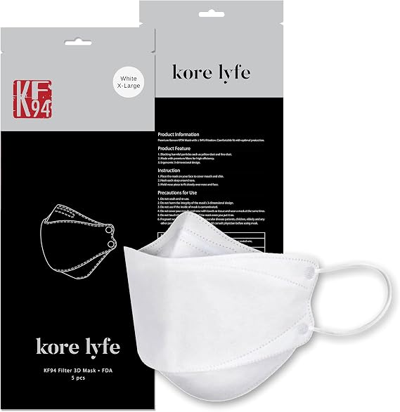 [50 PCS] 25% LARGER KF94 Face Mask - X-LARGE WHITE - [Made in Korea] - In 5 PCS Reclosable Package - Breathable Premium Quality - [Package in English]