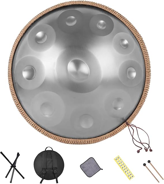 Handpan Drum 22 Inches 10 Notes 440HZ in D Minor Steel Hand Drum with Soft Handpan Bag, Harmonic Percussion for Sound Healing, Handpan Instrument for Personal Meditation,Yoga(Silver)
