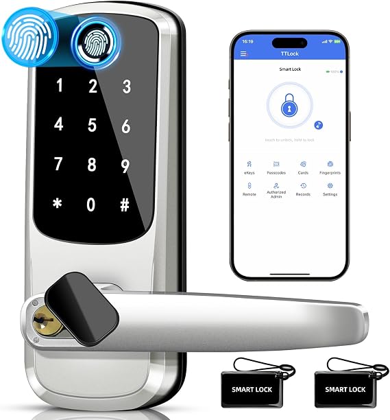 Smart Lock with Handle Set, Biometric Fingerprint Keyless Entry Deadbolt, Electronic Digital Keypad with App Control & Auto-Lock for Front Door, Home, Airbnb & Rental, Satin Nickel