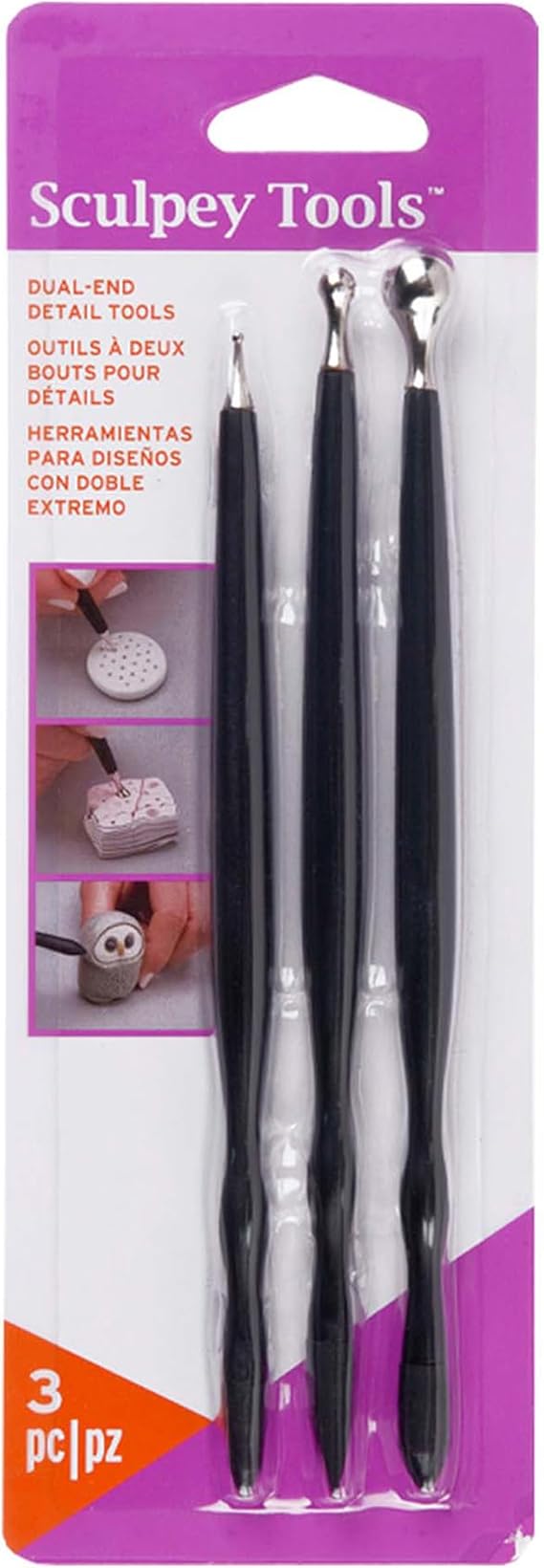 Sculpey Tools 3pc Dual End Clay Detail Tools - Sculpting & Shaping Set | Includes metal ball stylus and flexible tips in 3 sizes for smoothing, blending, and detailing polymer or air dry clay