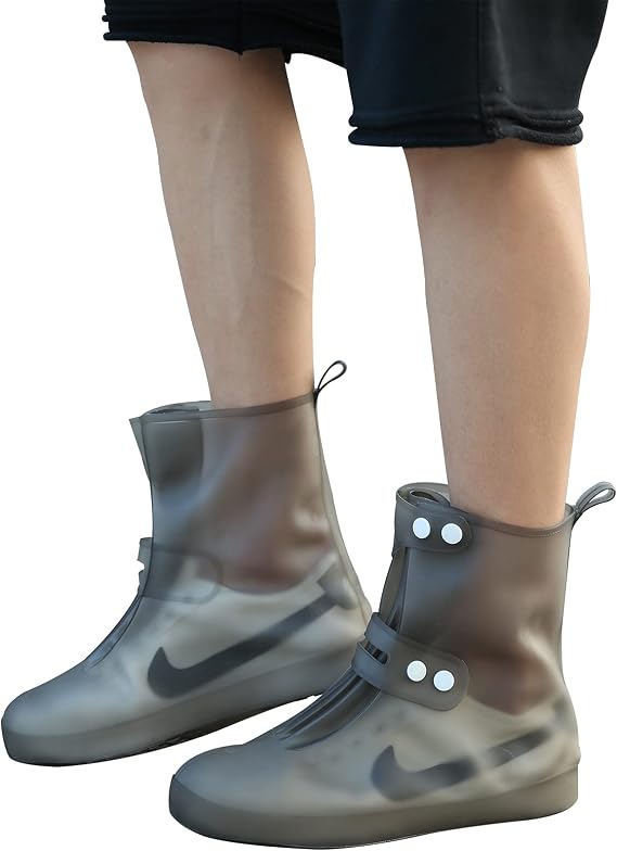 Waterproof Rain Shoe Covers, Reusable Foldable Overshoes, Resistant Rain Ankle high top Boots Non-Slip Washable Protection Gray & White