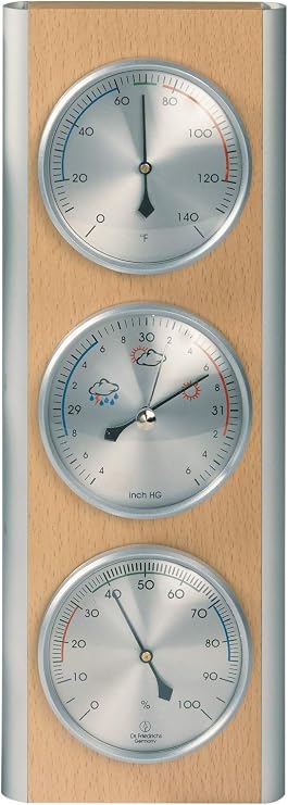 Weather Station Barometer Thermometer Hygrometer Aluminum Beech Wood