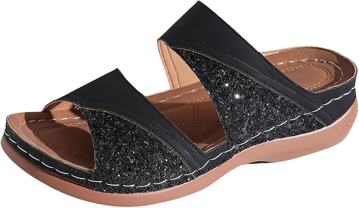 Mules, Women's Glitter Sandals, Comfortable Wedge Slides, Orthopaedic Sandals, PU Leather Slippers, Lightweight Non-Slip Slippers, Elegant Garden Shoes, Beach Sandals, for Party & Everyday Use