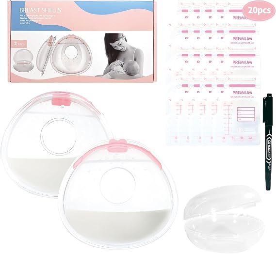 Oiomniv Milk Collector 2PCS Milk Collection Shells Reusable Breast Shells | Silicone Breastmilk Collection Cups Milk Saver BPA Free for Breastfeeding, with 20 PCS Breastmilk Storage Bags, 1 Storage Bo