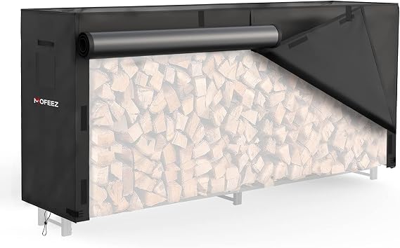 MOFEEZ 8ft Firewood Log Rack Cover Outdoor, Waterproof Weather Resistant Solid 600D Oxford PVC Coating Fabric (Black, 96" L x 24" W x 42" H)