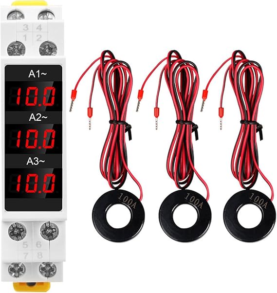 3 Phase DIN Rail Voltmeter Ammeter, Digital Energy Meter with 3 Sensors, AC80‑500V 1‑100A Current Power Meter