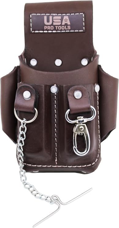 Mini Electrician Tool Pouch USA Pro Tools Full Grain Leather Tool Holder | Compact Belt Pouch with Chain & Clip | Durable Small Tool Belt Pouch for Technicians, Electricians & Contractors