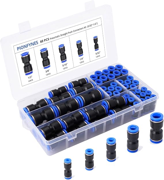 60PCS Straight Push Connectors Quick Release Plastic Push to Connect Fittings Kit 5/32" 1/4" 5/16" 3/8" 1/2" inch Quick Connect Air Hose Fittings