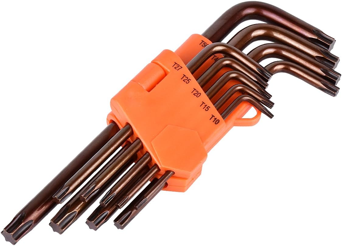 L-Type Star Wrench Set - 9 Pcs, S2 Alloy Steel, Copper-Red, Metric Long Arm L-Shaped Spanner with Visible Coding, for Bike Motorcycle Repair Furniture Assembly Household DIY