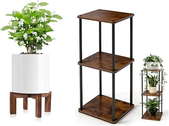 Vigordream Indoor/Outdoor Single Wood Plant Holder And 3 Tier Metal Plant Shelf Tall Pedestal Stand Flower Pot Stands