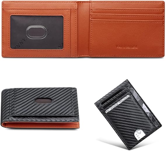 Slim Wallets for Men Leather Mens Wallet RFID Blocking Front Pocket Bifold Wallet Thin Credit Card Holder with Gift Box, carbon black&orange, Minimalist
