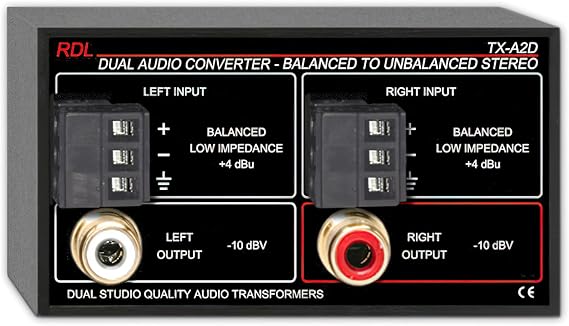 RDL TX-A2D Dual-Channel Balanced-to-Unbalanced Line Level Audio Converter, Transformer Isolation, Terminal Block Inputs and RCA Outputs, Stereo Input to Stereo Output
