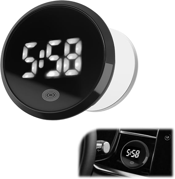 Touch Control Car Clocks for Dash Stick On,Luminous LED Mini Digital Clock Clearly Displays Time,Round HD Clock for Car Dashboard with Adhesive Backing Cars Interior Accessories