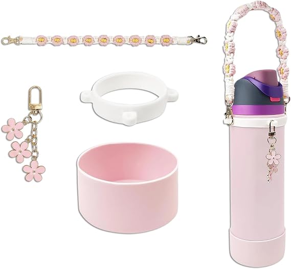 Huipalon Owala Cup Accessories Set of 4 24 Oz, Freesip Silicone Sleeve Compatible with Owala Twist & Flip, Handmade Portable Strap, Floral Design
