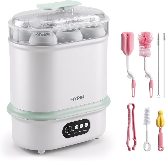 MYPIN Bottle Steriliser and Dryer, 4 in 1 Compact Baby Bottle Steriliser, 6 Capacity, 72H Storage, 6 Pcs Brush Kit for Newborn Essentials