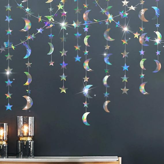 Cheerland Moon Star Garlands Iridescent Party Decoraions Hanging Moon Birthday Decoration Celestial Streamers Holographic Star Moon Decorations Alien Space Galaxy Year Year Eve Ramadan Theme