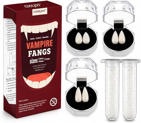 COOLJOY 3 Sizes Vampire Fangs Teeth with Adhesive Halloween Cosplay Props White Horror False Teeth Props Party Favors Masquerade Accessories Gift