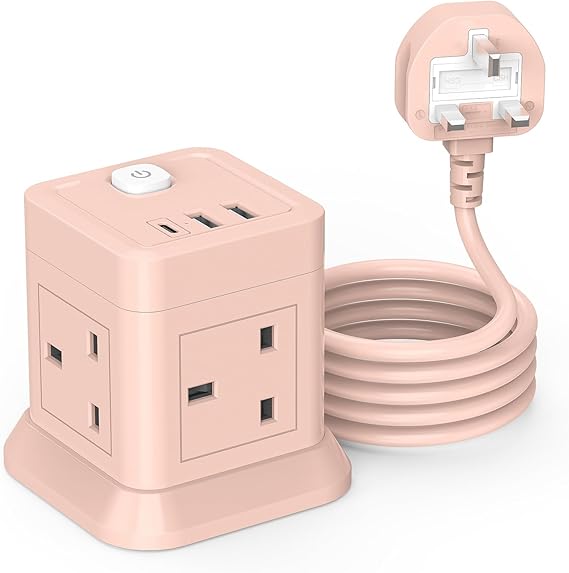 Cube Extension Lead with USB Slots, BEVA 4 Way Multi Plug Power Strip with 3 USB Ports, 3M Desktop Power Extension Socket Extension Cords for Home Dorm Office Travel-Pink