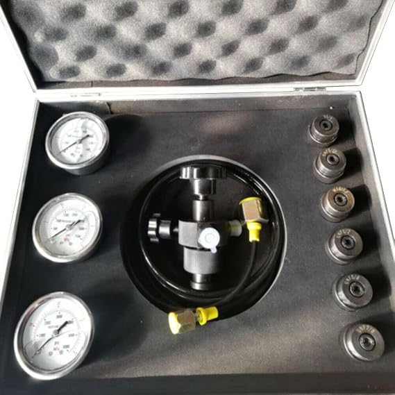 Hydraulic Nitrogen Accumulator Charging Kit, Pressure Test System, w/ 3 Gauges(1500PSI /36000PSI/ 6000PSI), 6.6Ft Gas Hose & 7 Adapters