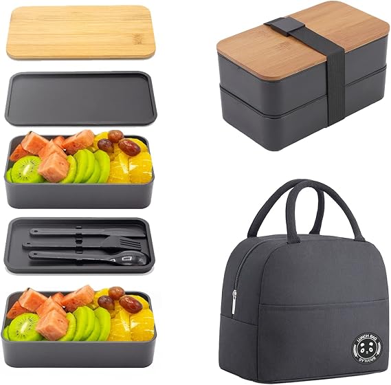 Japon Bento Kutusu, 2 Katmanlı Öğle Yemeği Kutusu, Bambu Doğrama Tahtası Kapaklı Yemek Hazırlama Öğle Yemeği Kabı, Çanta, Çatal, Bölücü, Çocuklar ve Yetişkinler için Bento Öğle Yemeği Kutusu Siyah