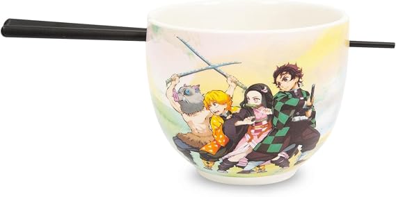Toynk Demon Slayer Cast Japanese Ceramic Dinnerware Set | Includes 18-Ounce Ramen Noodle Bowl and Wooden Chopsticks | Asian Food Dish Set For Home & Kitchen | Anime Manga Gifts and Collectibles