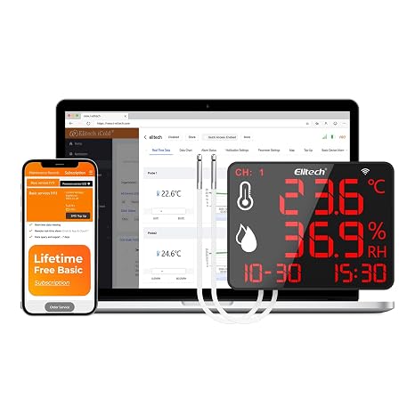 Elitech Digital Hygrometer Thermometer Dual Channel with 2x2m External Probe, Wireless Data Logger with APP, 30000 Points Large Screen for Warehouse Greenhouse Lab, DR-230-THDE WIFI Version