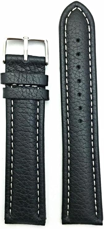 22mm Long, Black Genuine Leather Watchband | Buffalo Shrunken Grained, Medium Padded Replacement Watchstrap with Creamy White Stitches that brings to Any Watch (Mens Long Length)